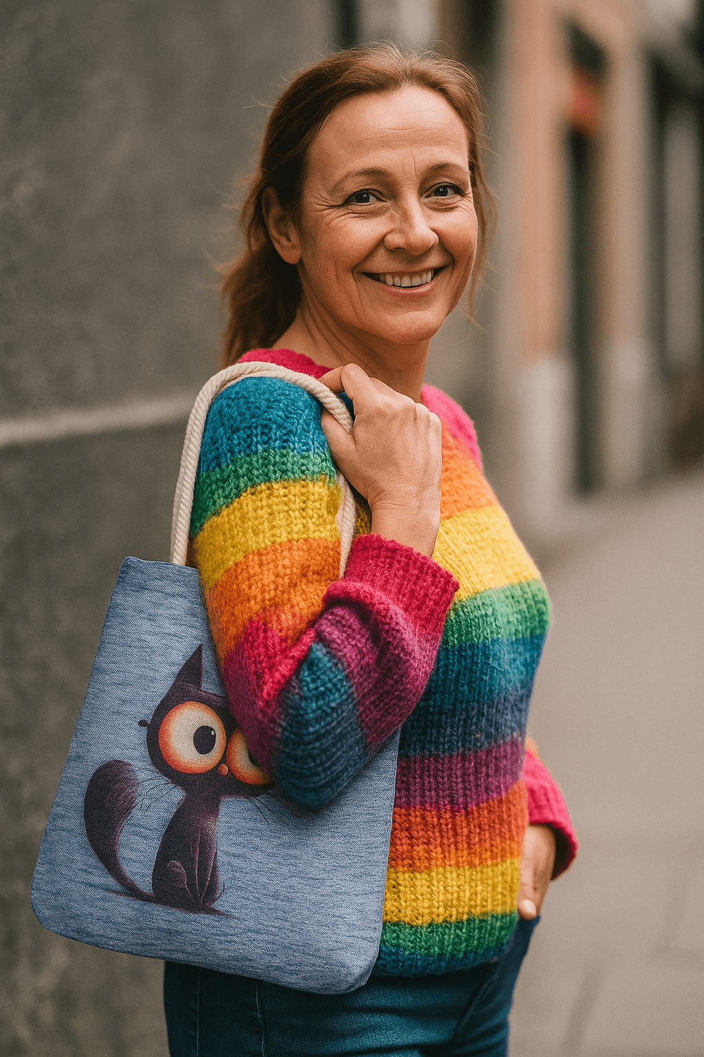 Projekttasche mit Motiv – z. B. bunte Katze | 60% Baumwolle, 40% Polyester | Für Strick- & Häkelprojekte