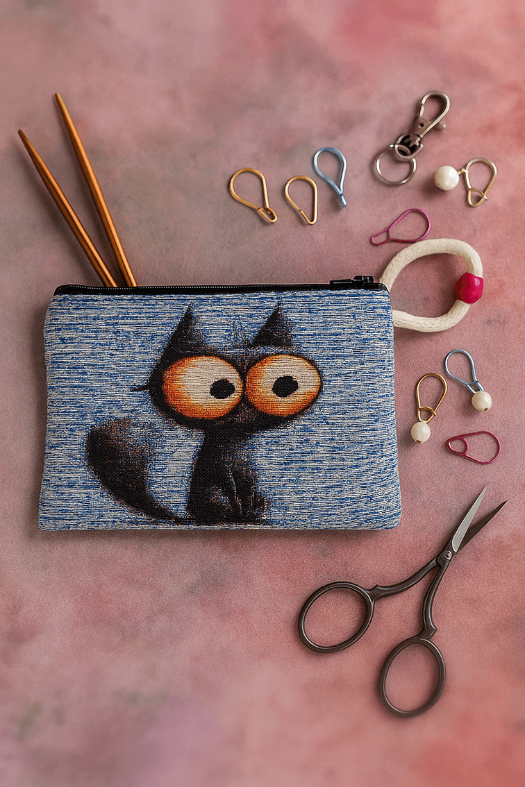 Zubehörtasche mit Motiv – z. B. bunte Katze | Für Strick- & Häkelprojekte
